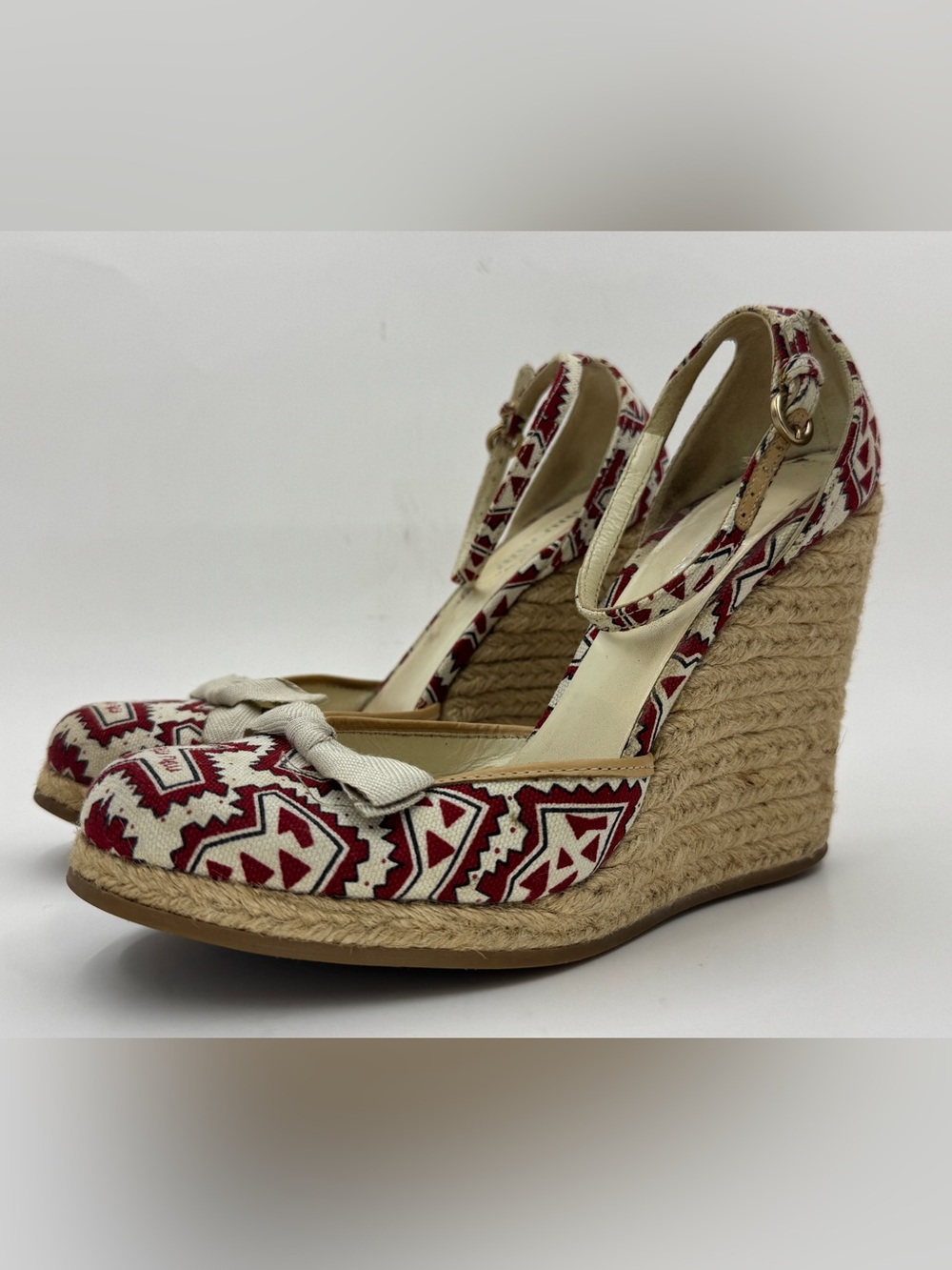 Miu Miu Slingback Wedge Espadrille Multicolor Logo Printed Canvas Ankle Strap 37